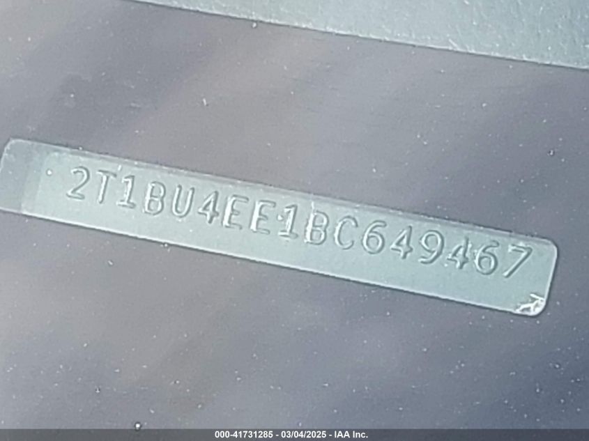 2011 Toyota Corolla S VIN: 2T1BU4EE1BC649467 Lot: 41731285