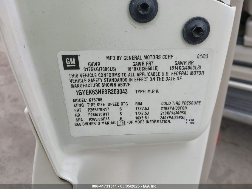 2003 Cadillac Escalade Standard VIN: 1GYEK63N63R203043 Lot: 41731311