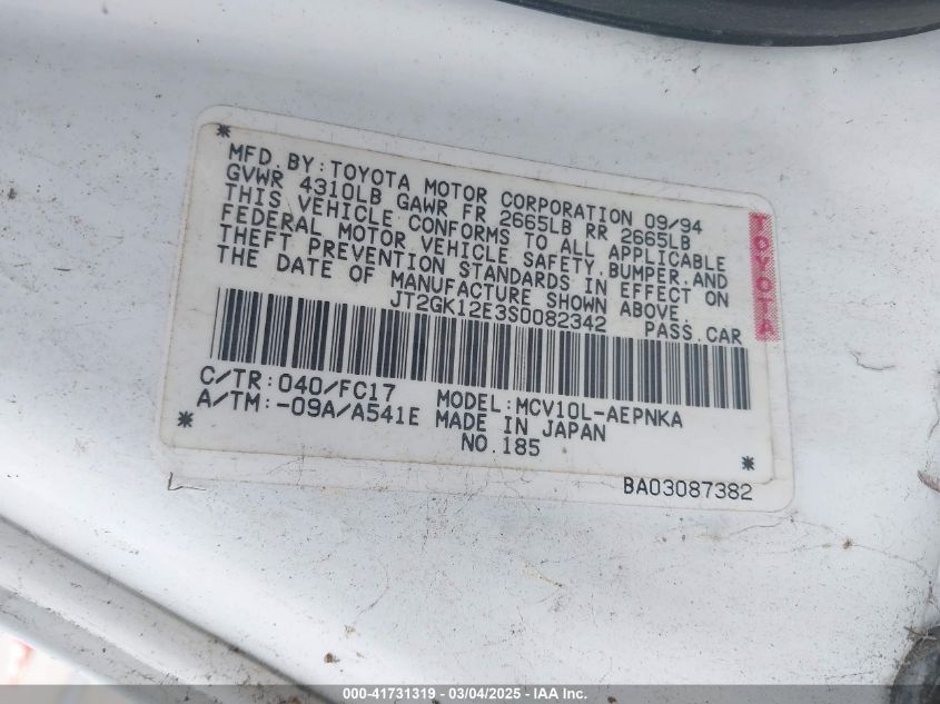 1995 Toyota Camry Le VIN: JT2GK12E3S0082342 Lot: 41731319