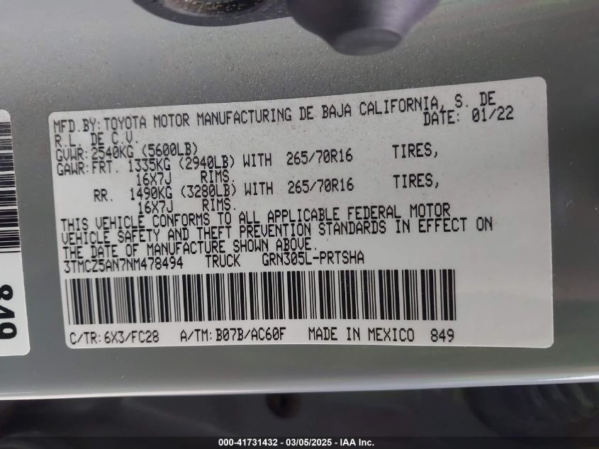 2022 Toyota Tacoma Sr5 V6 VIN: 3TMCZ5AN7NM478494 Lot: 41731432