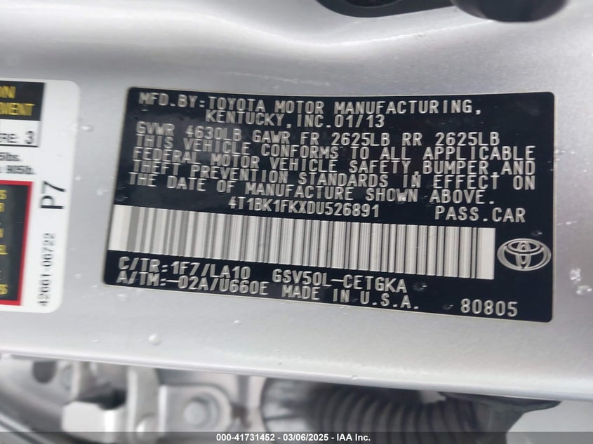 2013 TOYOTA CAMRY VIN: 4T1BK1FKXDU526891