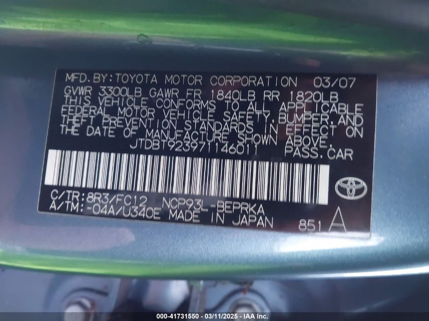 2007 Toyota Yaris VIN: JTDBT923971146011 Lot: 41731550