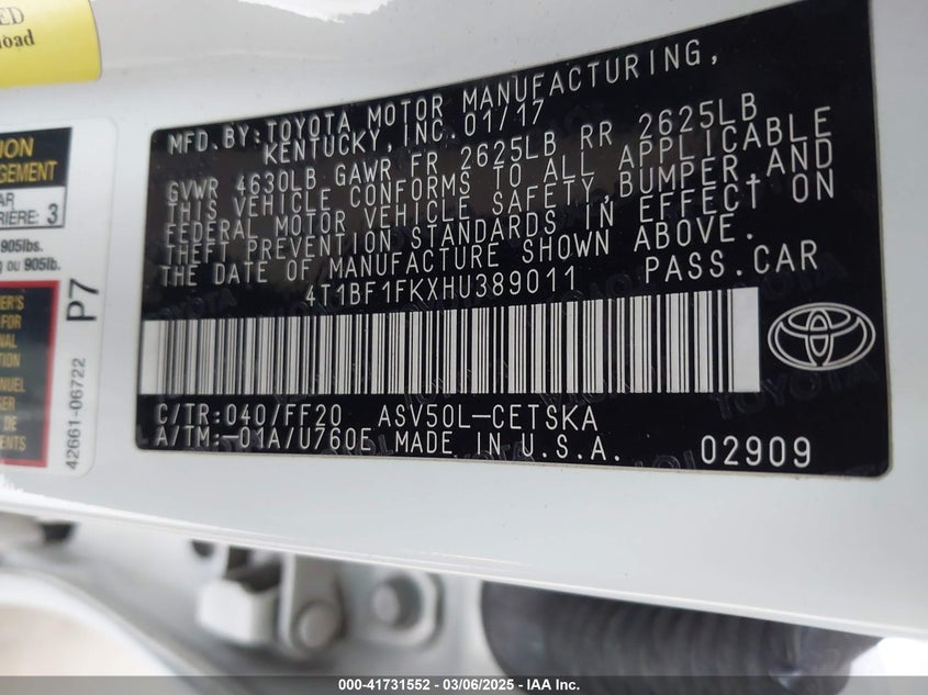 2017 TOYOTA CAMRY VIN: 4T1BF1FKXHU389011