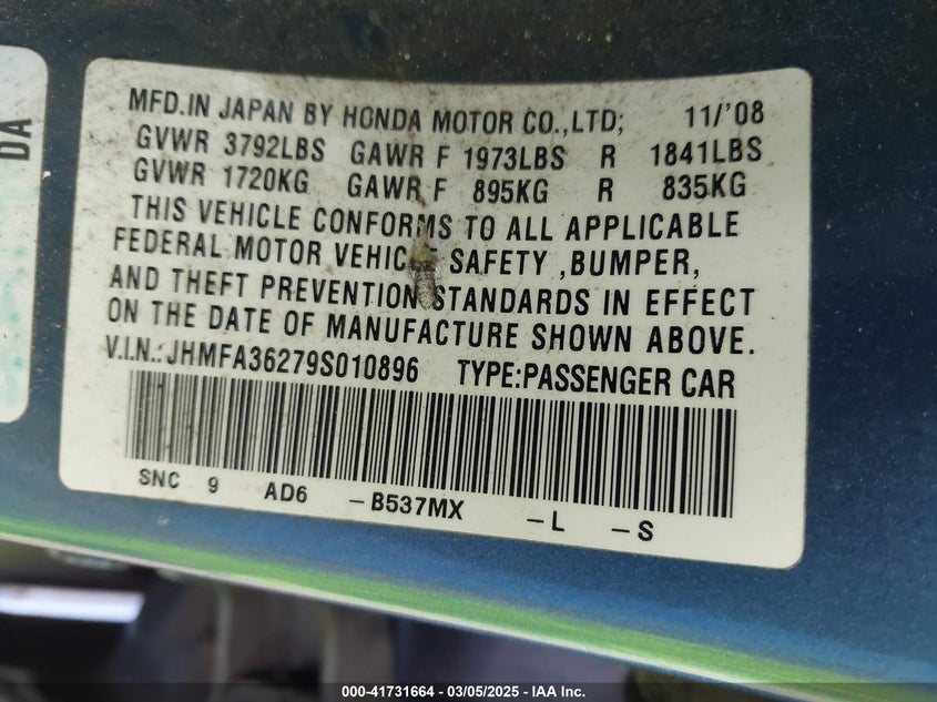 2009 HONDA CIVIC HYBRID VIN: JHMFA36279S010896