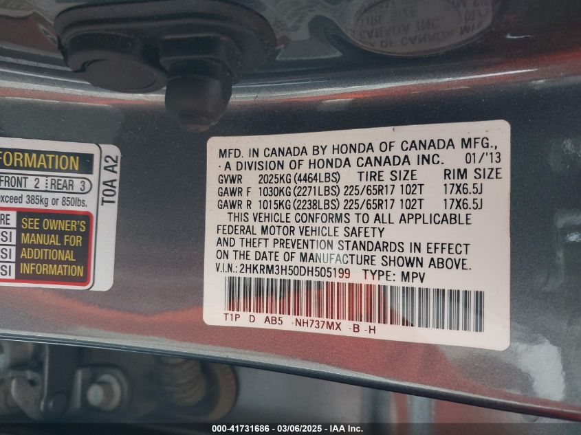 2013 Honda Cr-V Ex VIN: 2HKRM3H50DH505199 Lot: 41731686