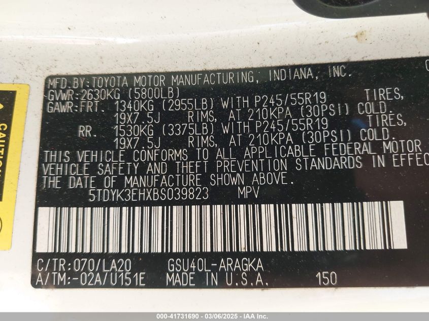 2011 Toyota Highlander Limited V6 VIN: 5TDYK3EHXBS039823 Lot: 41731690