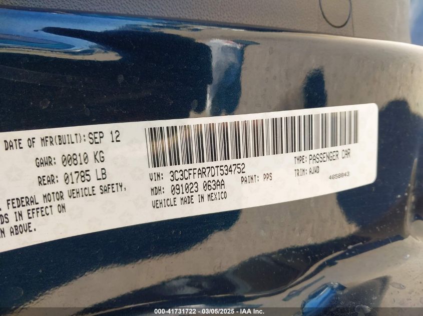 2013 Fiat 500 Pop VIN: 3C3CFFAR7DT534752 Lot: 41731722