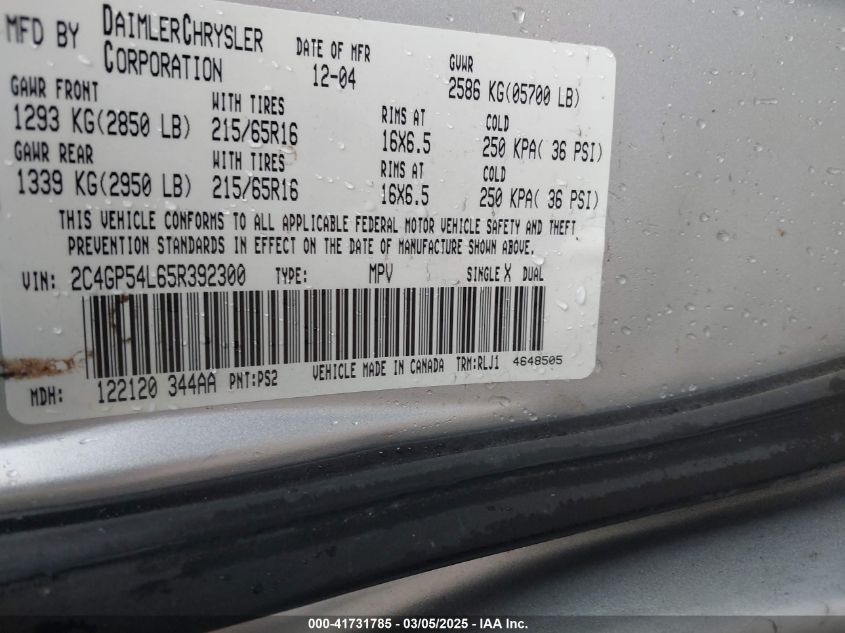 2005 Chrysler Town & Country Touring VIN: 2C4GP54L65R392300 Lot: 41731785