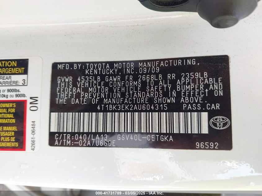 2010 TOYOTA CAMRY VIN: 4T1BK3EK2AU604315