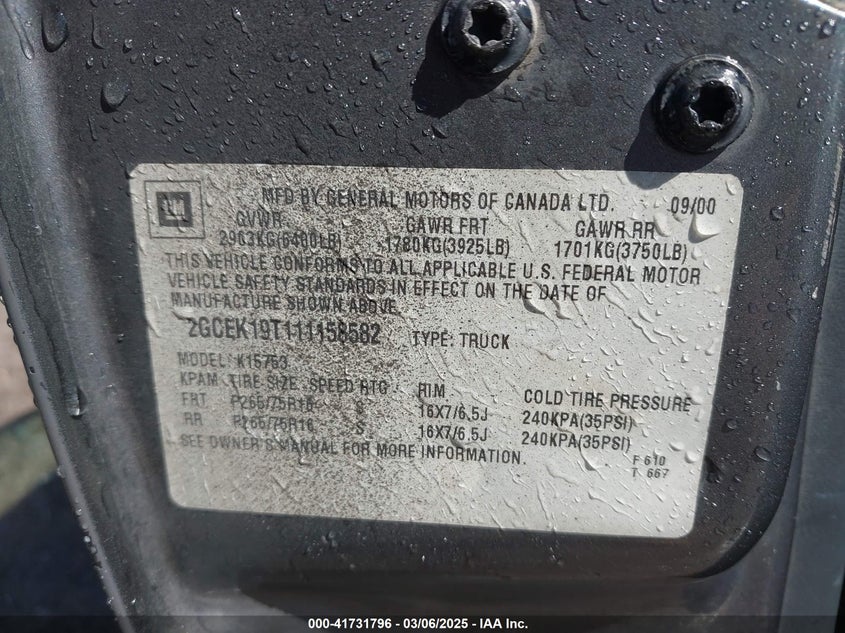 2001 Chevrolet Silverado 1500 Ls VIN: 2GCEK19T111158582 Lot: 41731796