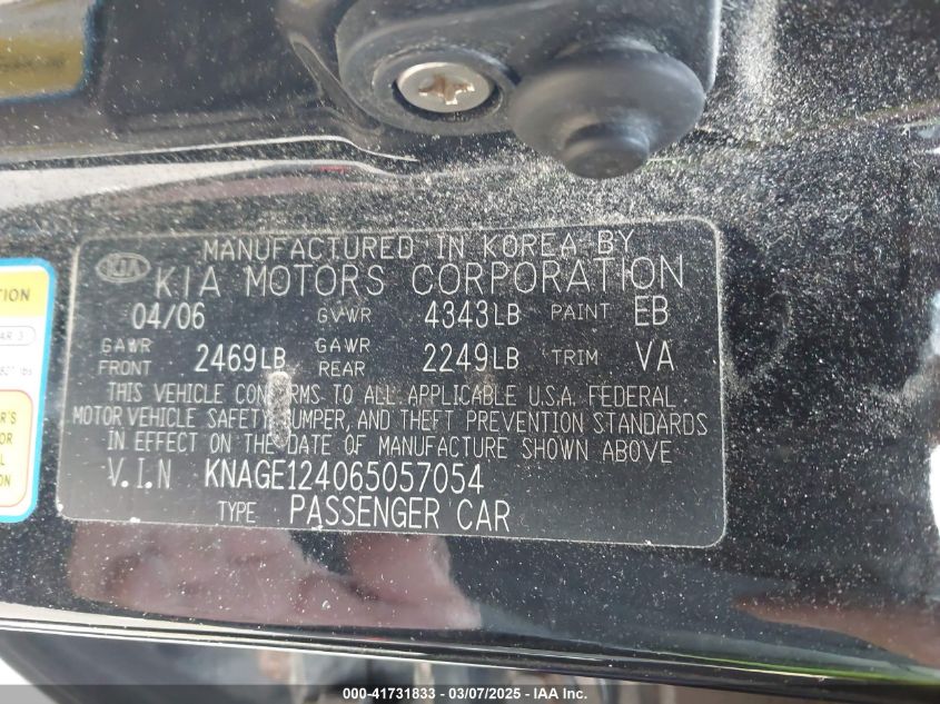 2006 Kia Optima Ex V6 (New)/Lx V6 (New) VIN: KNAGE124065057054 Lot: 41731833