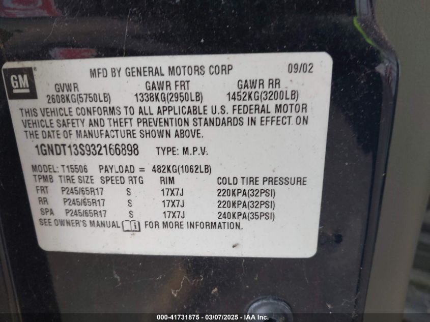 2003 Chevrolet Trailblazer Ltz VIN: 1GNDT13S932166898 Lot: 41731875