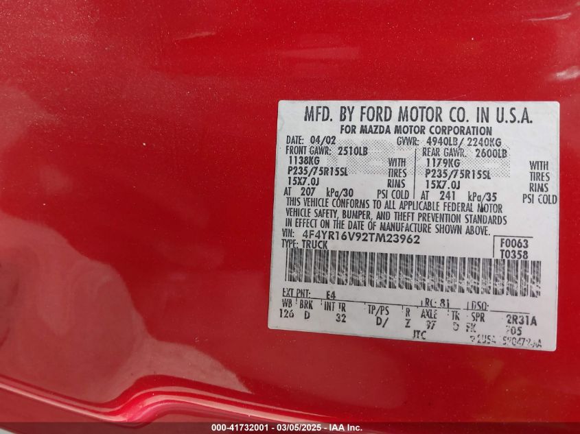 2002 Mazda B3000 Ds VIN: 4F4YR16V92TM23962 Lot: 41732001