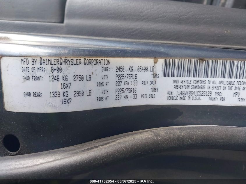 2001 Jeep Grand Cherokee Laredo VIN: 1J4GW48S41C525129 Lot: 41732054