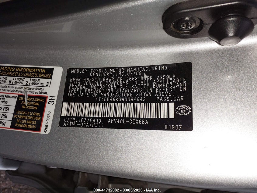 2009 TOYOTA CAMRY HYBRID VIN: 4T1BB46K39U084643