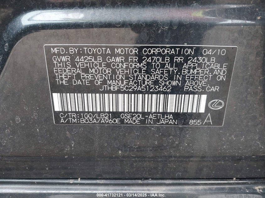 2010 LEXUS IS 250 VIN: JTHBF5C29A5123462