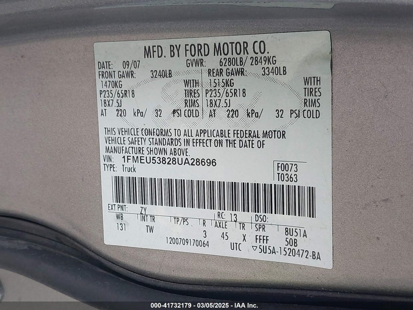 2008 FORD EXPLORER SPORT TRAC VIN: 1FMEU53828UA28696