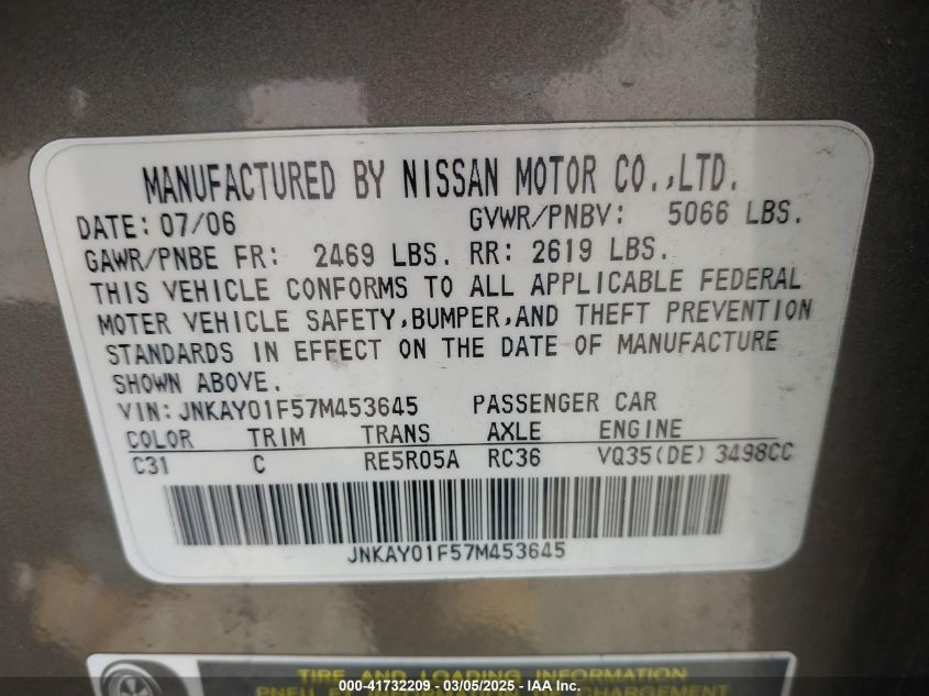 2007 Infiniti M35X VIN: JNKAY01F57M453645 Lot: 41732209