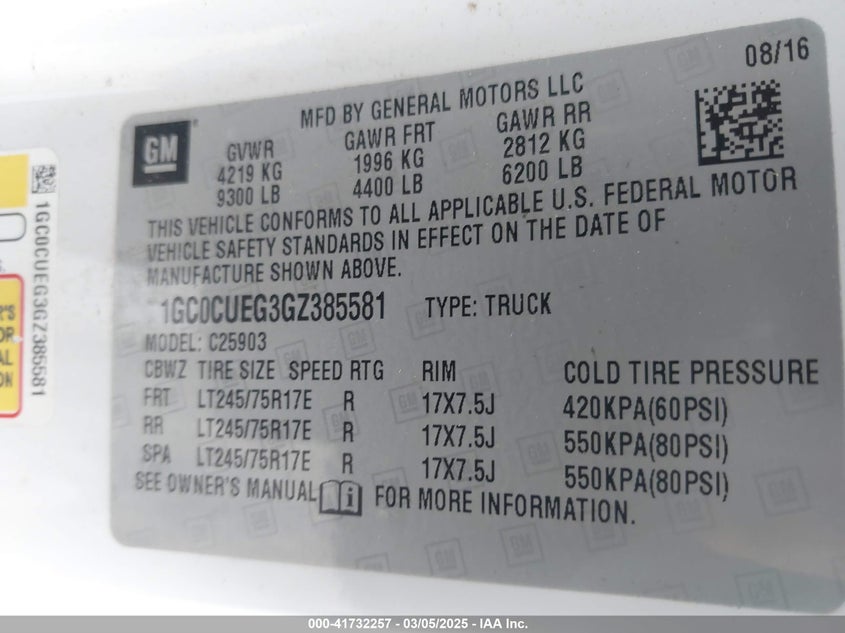 2016 CHEVROLET SILVERADO 2500HD VIN: 1GC0CUEG3GZ385581