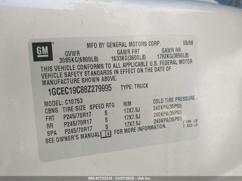 2008 Chevrolet Silverado 1500 Work Truck VIN: 1GCEC19C88Z279995 Lot: 41732316