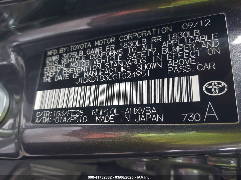 2012 TOYOTA PRIUS C VIN: JTDKDTB30C1024951