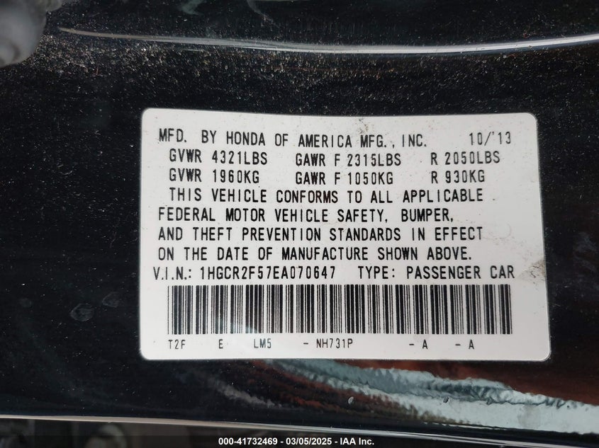 2014 HONDA ACCORD VIN: 1HGCR2F57EA070647