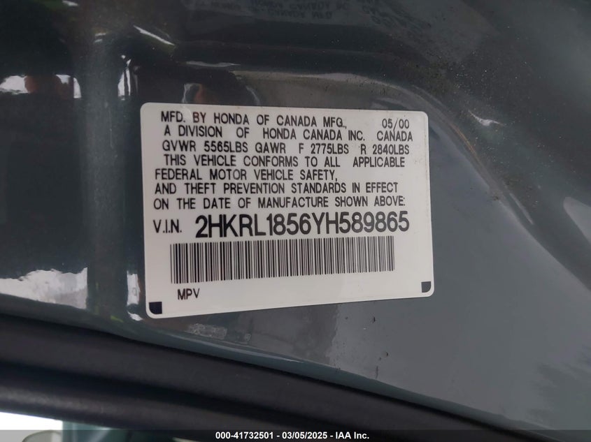 2000 Honda Odyssey Lx VIN: 2HKRL1856YH589865 Lot: 41732501