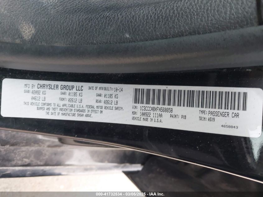 2015 Chrysler 200 Limited VIN: 1C3CCCABXFN568858 Lot: 41732534