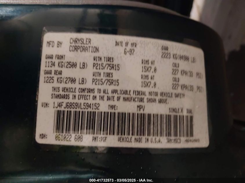 1997 Jeep Cherokee Sport VIN: 1J4FJ68S9VL594152 Lot: 41732573