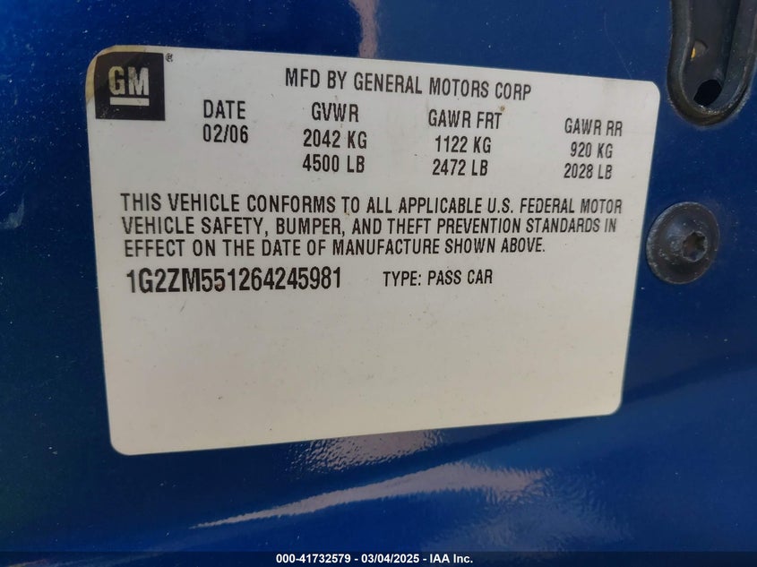 2006 PONTIAC G6 VIN: 1G2ZM551264245981