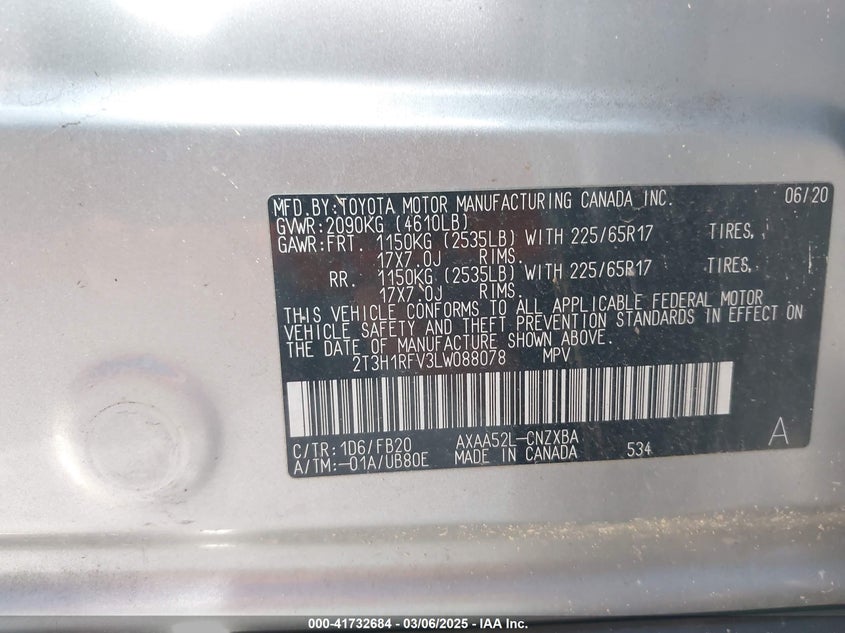 VIN 2T3H1RFV3LW088078 2020 TOYOTA RAV4 LE