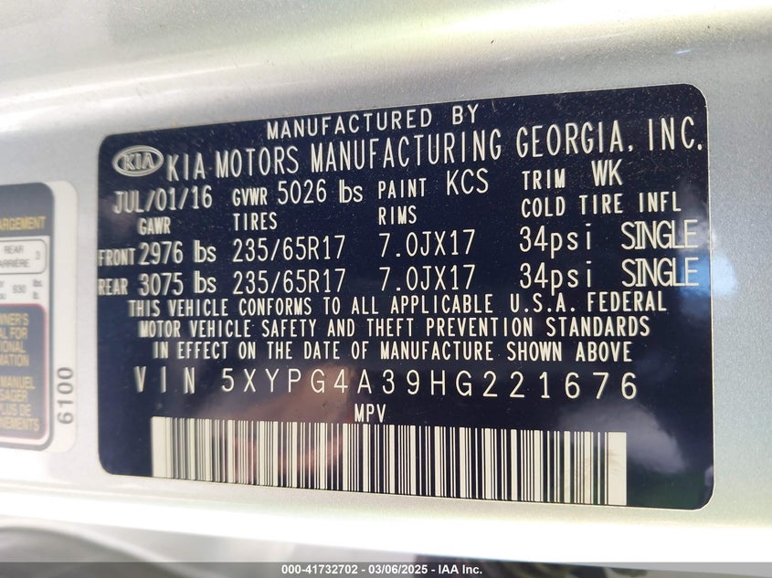 2017 KIA SORENTO VIN: 5XYPG4A39HG221676