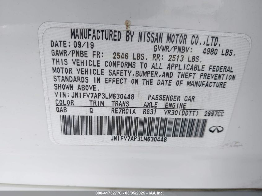 2020 Infiniti Q50 Red Sport 400 VIN: JN1FV7AP3LM630448 Lot: 41732776