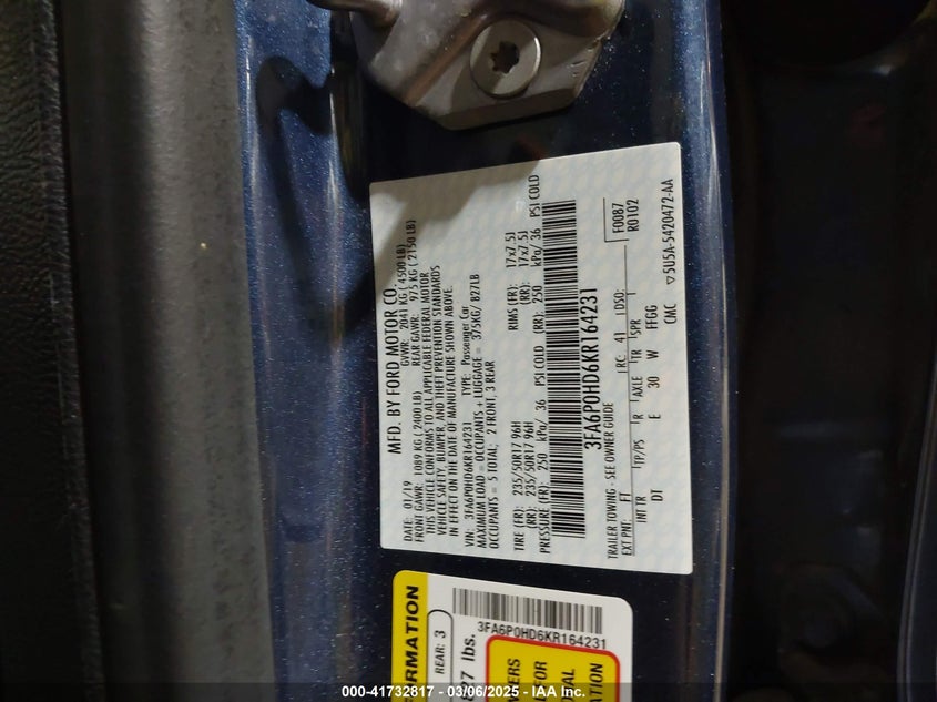 2019 Ford Fusion Se VIN: 3FA6P0HD6KR164231 Lot: 41732817