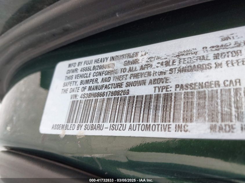 2001 Subaru Outback Limited VIN: 4S3BH686617608269 Lot: 41732833