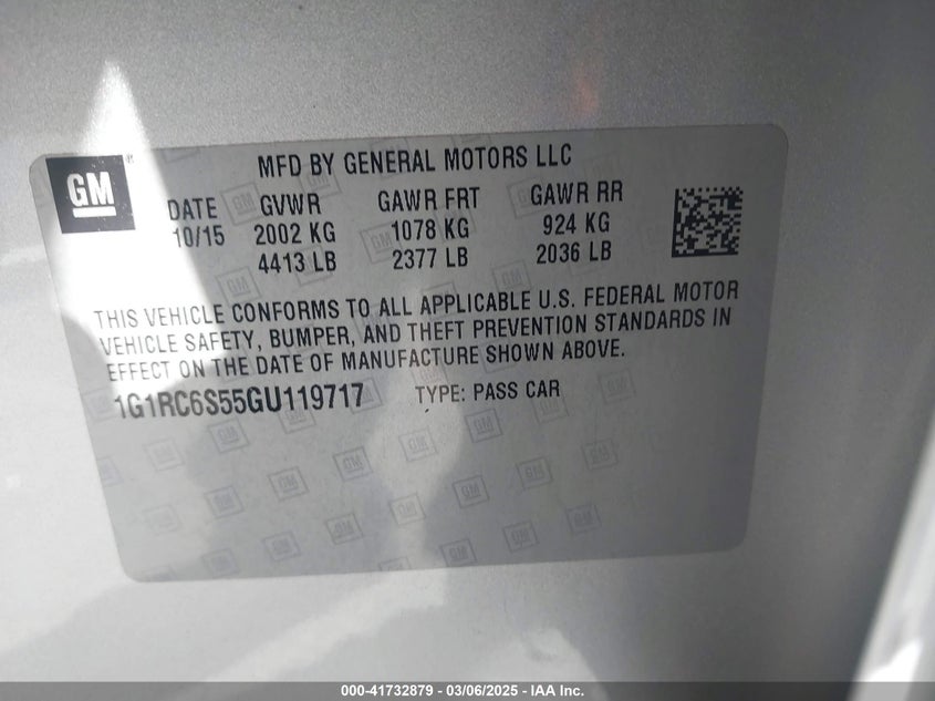 2016 CHEVROLET VOLT VIN: 1G1RC6S55GU119717