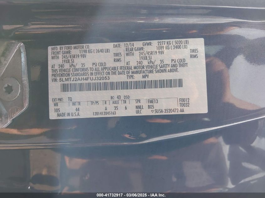 2015 Lincoln Mkc VIN: 5LMTJ2AH4FUJ32053 Lot: 41732917