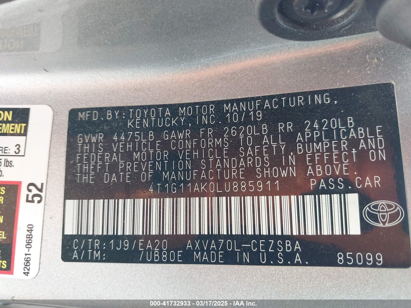 2020 TOYOTA CAMRY VIN: 4T1G11AK0LU885911
