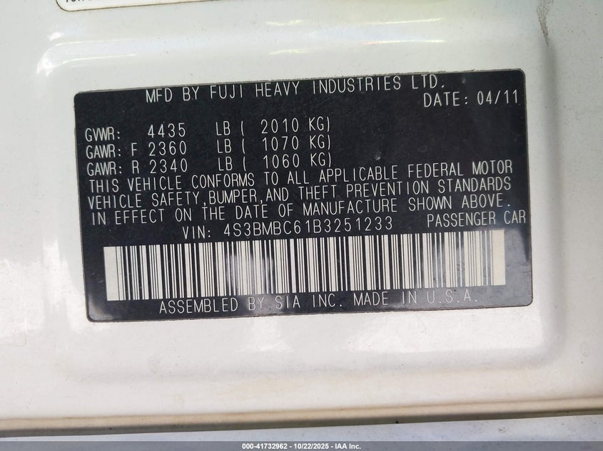 2011 Subaru Legacy 2.5I Premium VIN: 4S3BMBC61B3251233 Lot: 41732962