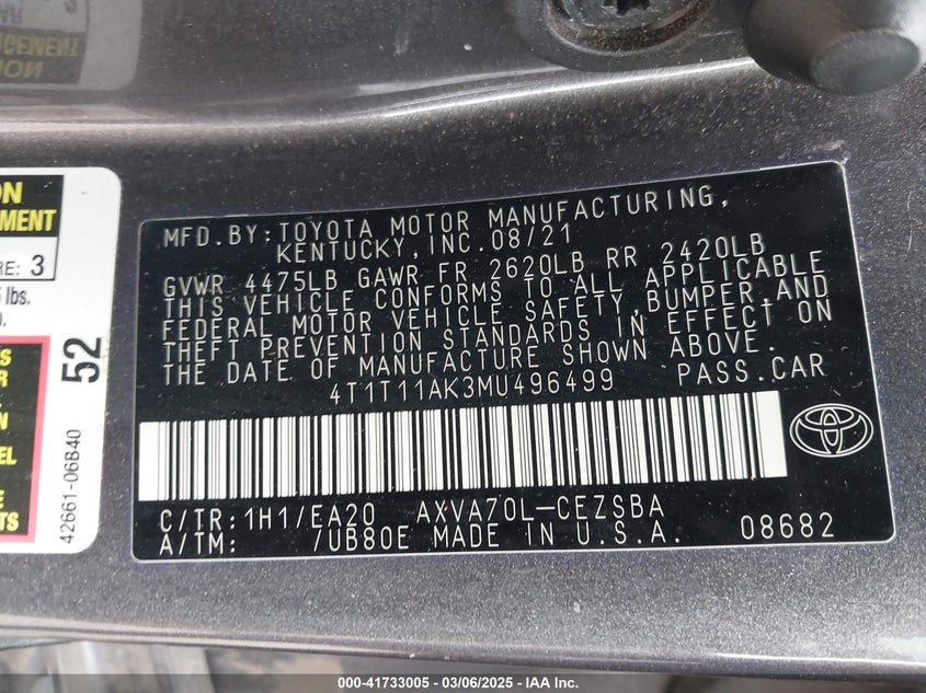 2021 TOYOTA CAMRY VIN: 4T1T11AK3MU496499