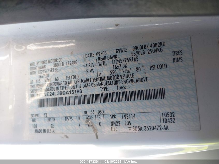 2009 Ford E-250 Commercial/Recreational VIN: 1FTNE24L39DA15198 Lot: 41733014