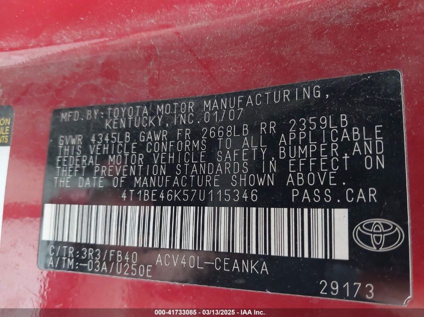 2007 Toyota Camry Le VIN: 4T1BE46K57U115346 Lot: 41733085