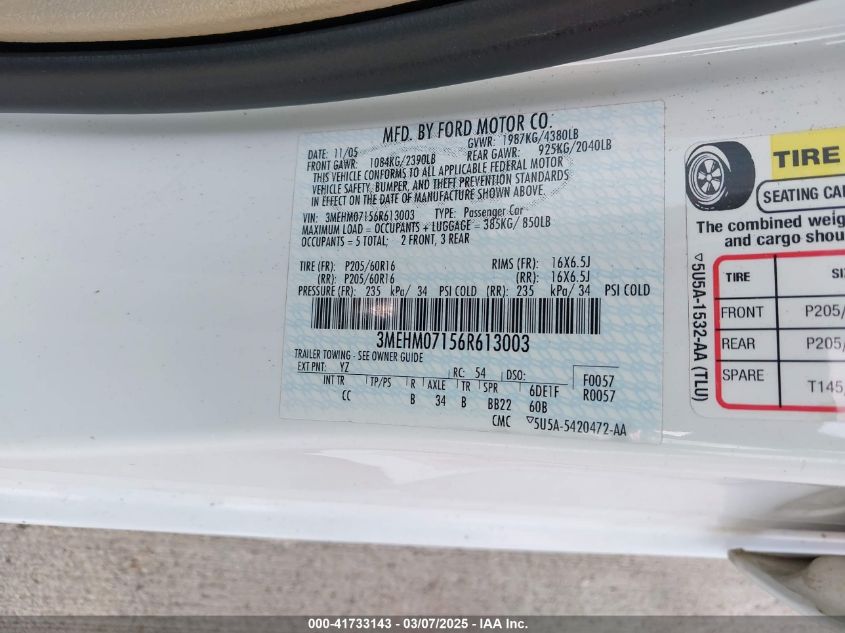 2006 Mercury Milan V6 VIN: 3MEHM07156R613003 Lot: 41733143