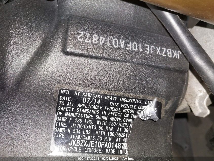 2015 Kawasaki Zx636 E VIN: JKBZXJE10FA014872 Lot: 41733241