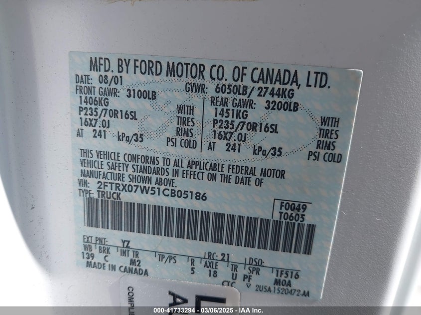 2001 Ford F-150 Lariat/Xl/Xlt VIN: 2FTRX07W51CB05186 Lot: 41733294
