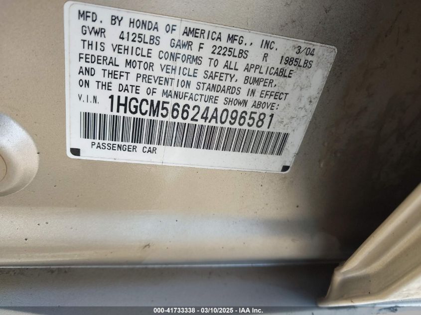 2004 Honda Accord 2.4 Ex VIN: 1HGCM56624A096581 Lot: 41733338