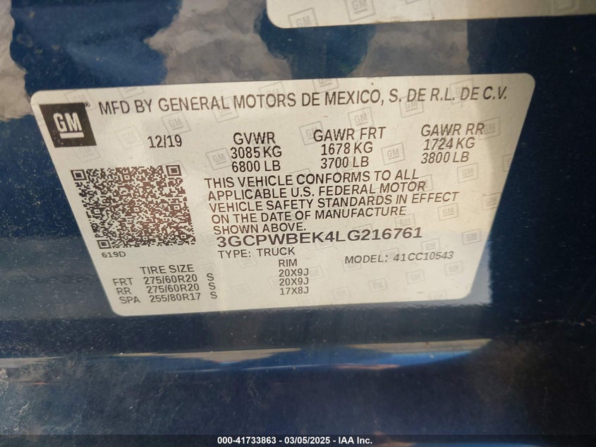 2020 CHEVROLET SILVERADO 1500 VIN: 3GCPWBEK4LG216761