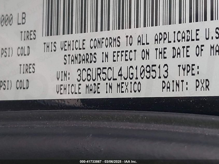 2018 Ram 2500 Tradesman 4X4 6'4 Box VIN: 3C6UR5CL4JG109513 Lot: 41733867