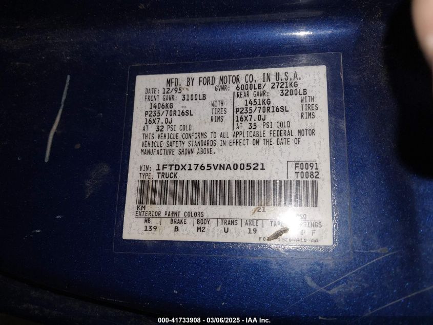 1997 Ford F-150 Lariat/Standard/Xl/Xlt VIN: 1FTDX1765VNA00521 Lot: 41733908