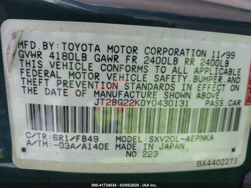 2000 Toyota Camry Le VIN: JT2BG22K0Y0430131 Lot: 41734034